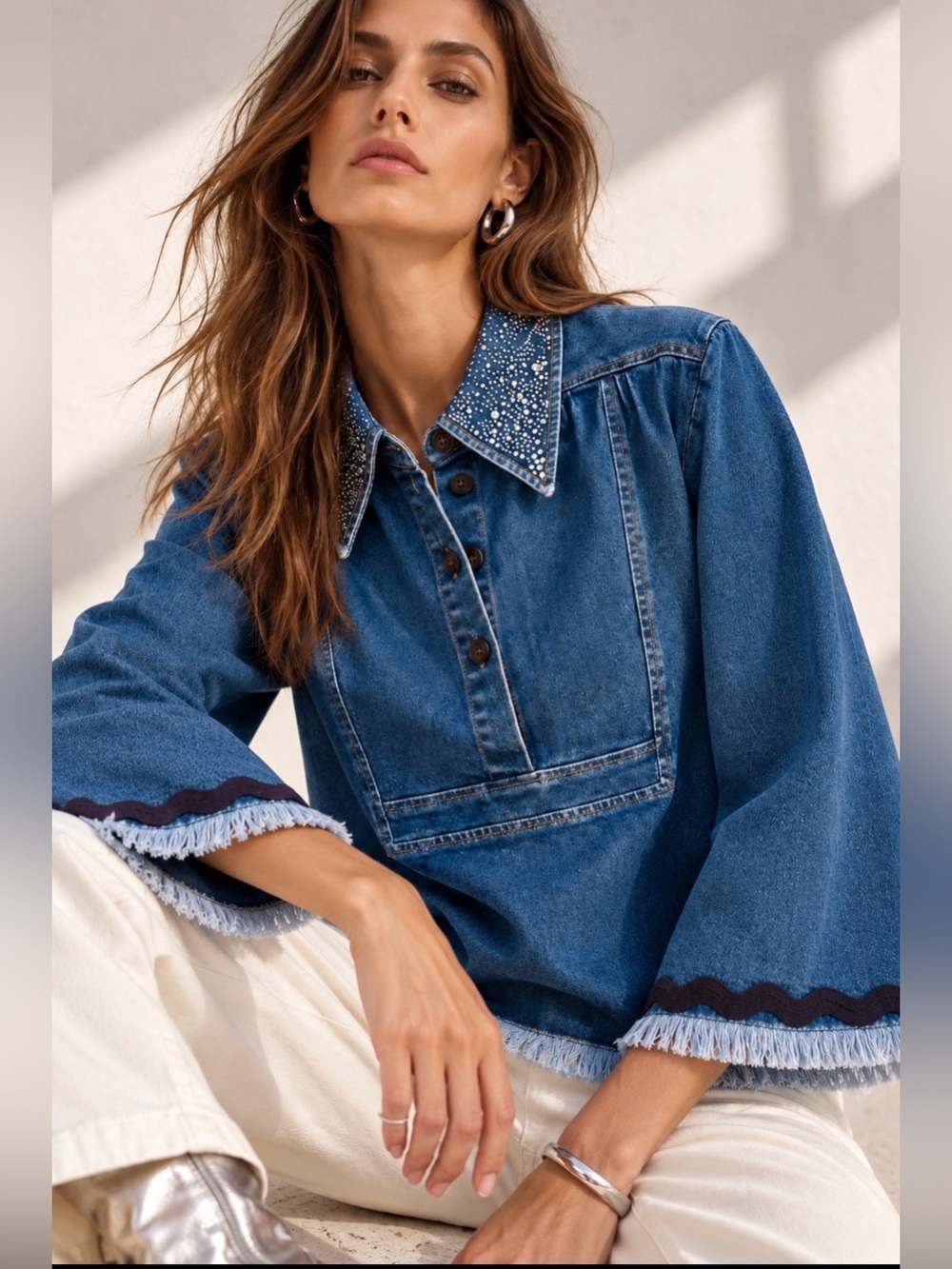 See by Chloé Reworked Rhinestone Collar Cotton Denim Top Bell Sleeve Fringe 34